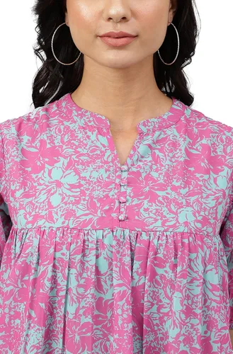 Vista 7 de Janasya Indian Georgette - Camiseta acampanada con estampado digital rosa para mujer