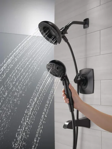 Vista 2 de Delta Vesna 14 Series 144789-BL-I - Juego de grifería de bañera y ducha de color negro mate con cabezal de ducha dual In2ition 2 en 1 con rociador