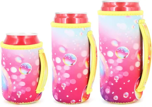 Vista 18 de 3 Pack de fundas aisladas reutilizables de neopreno con asa para soda, bebida energética, refresco, cerveza, seltzer duro, fundas para latas de 12