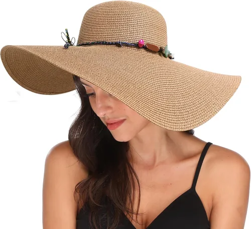 Vista 8 de Lanzom - Sombrero de paja con ala ancha para mujer, plegable, enrollable, de playa, con protección solar UPF 50+ Beige