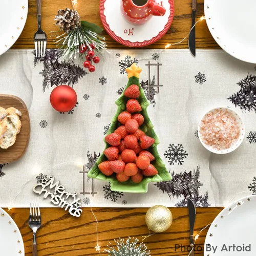 Vista 4 de Artoid Mode Árboles de Navidad Deja que nieve Muñeco de nieve negro Camino de mesa de Navidad, decoración de mesa de comedor para vacaciones