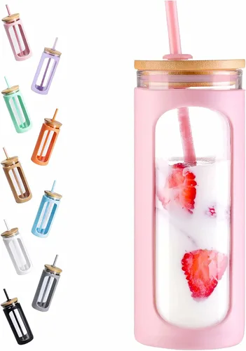 Vista 7 de Kodrine Vaso para agua de vidrio de 20 onzas con popote y tapa, botella de agua con tapas de bambú, taza para café helado, reutilizable, boca ancha