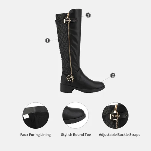 Vista 3 de DREAM PAIRS - Botas altas hasta la rodilla de pantorrilla ancha para mujer, botas tipo equitación con tacón bajo apilado