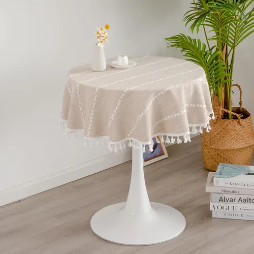 Vista 9 de Mantel redondo rústico pequeño lavable a rayas jacquard de lino resistente estilo granja con borlas para cocina, comedor, fiesta, decoración de Café