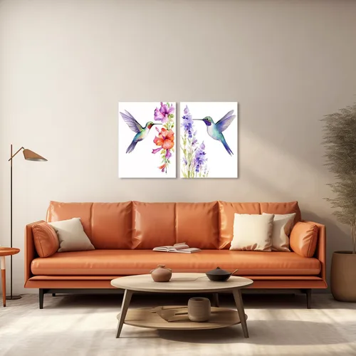 Vista 2 de QIXIANG Lienzo decorativo para pared, 2 piezas, acuarela, colibríes y flores, naturaleza, impresiones para cocina, dormitorio, oficina, decoración