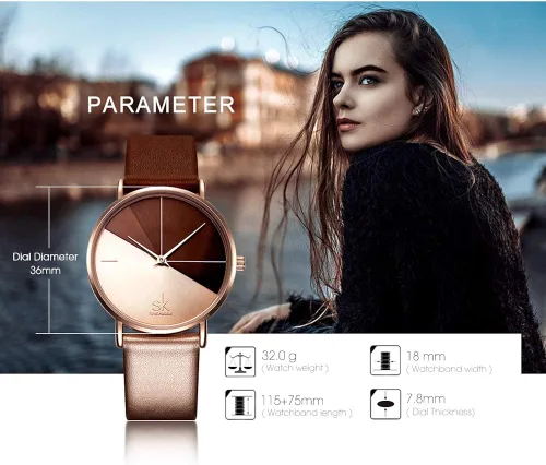 Vista 5 de SHENGKE Simplicity Creative - Reloj de pulsera para mujer, de cuero auténtico, elegante, para mujer, Movimiento de cuarzo