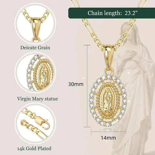 Vista 5 de Regalo católico, collar de Virgen María para mujer, chapado en oro de 14 quilates, collar con colgante de Guadalupe Madre María, circonita cúbica
