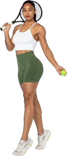 Vista 5 de Sunzel Pantalones cortos sin costuras para mujer, pantalones cortos de entrenamiento de 5 pulgadas, cintura alta, elásticos, para gimnasio, yoga