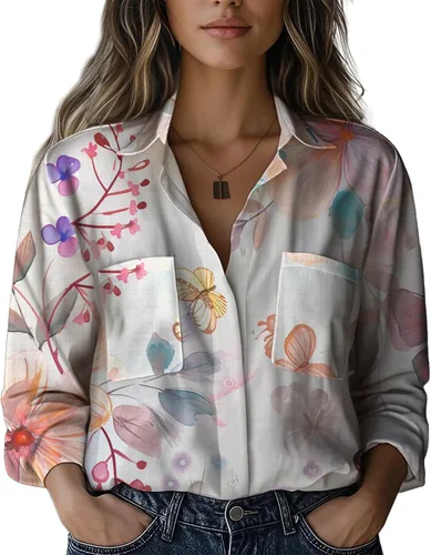 Vista 18 de Summer Tops for Women Lightweight Button Flowy Shirts Boho Long Sleeve Blouses Casual Clothes with Pockets