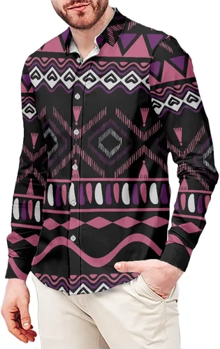 Vista 22 de Camisas aztecas grandes y altas para hombre, diseño étnico azteca tribal del suroeste, camiseta delgada de manga larga con botones