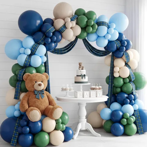 Vista 9 de 152 piezas de decoración a cuadros de tartán para baby shower, globos de oso, guirnalda de arcos, globos a cuadros de oso preppy para baby shower