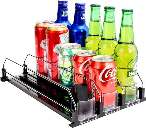 Vista 8 de Dispensador de bebidas para refrigerador, organizador de latas de soda autoempujable para refrigerador, 3 filas han sido montadas, organizador