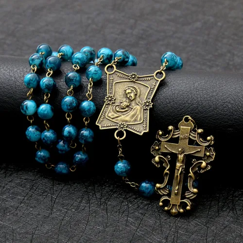 Vista 53 de KOMI Rosario de cuentas católicas para mujer, collar de cuentas de rosario con cruz de crucifijo, perlas de cristal, rosario, rosarios, católicos