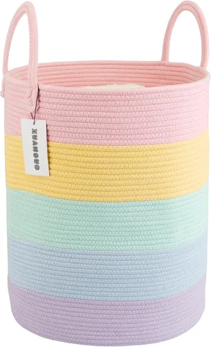 Vista 10 de XUANGUO - Cesta de lavandería de cuerda de algodón, cesta tejida de almacenamiento para ropa, cesta de mimbre para sala de estar, dormitorio, cesta