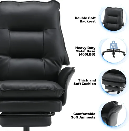 Vista 3 de Silla de oficina grande y alta de 400 libras, silla de escritorio ejecutiva reclinable con reposapiés, silla de computadora de cuero resistente