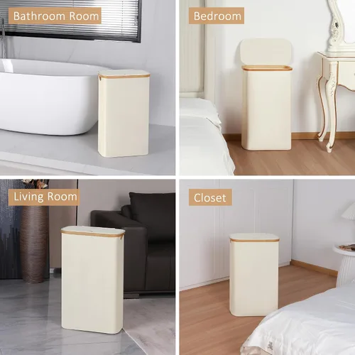 Vista 7 de 65L Slim Laundry Hamper, Narrow Laundry Basket with Lid,Foldable Clothes Hamper with Bamboo Handles,Hamper Basket with Removable Inner Bag for Beige
