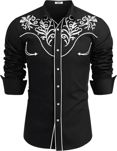 Vista 15 de COOFANDY Camisa occidental para hombre de manga larga con bordados, camisa de vaquero casual con botones café (01-Coffee(Pattern1))