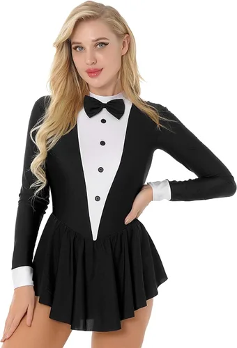 Vista 3 de FEESHOW Leotardo de esmoquin para mujer, vestido de patinaje artístico, juego de rol, disfraz de baile