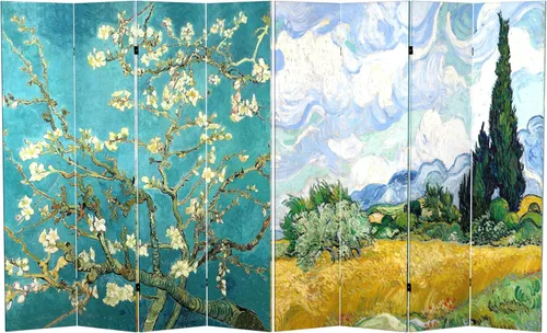 Vista 15 de Red Lantern Pantalla plegable de lona de Van Gogh de doble cara, flores de almendra/campo de trigo, 3 pies de corto - 3 paneles
