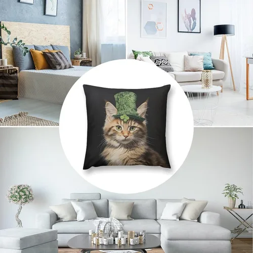 Vista 5 de Fundas de almohada de granja con diseño de feliz día de San Patricio con un gato en un sombrero de trébol, fundas de almohada de terciopelo