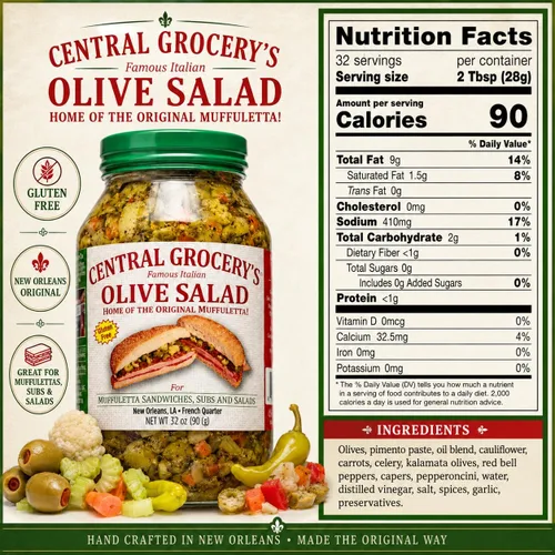 Vista 2 de Central Grocery - Ensalada de aceitunas de 32 onzas, paquete de 2, auténtica ensalada de oliva italiana de Nueva Orleans, sándwich original