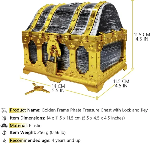 Vista 5 de Cofre del tesoro pirata con marco dorado para niños con cerradura y llave, almacenamiento de colección de tesoros y caja decorativa para favores