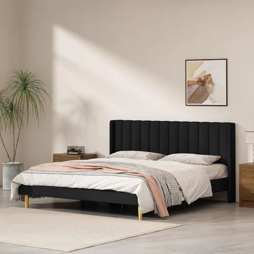 Vista 33 de Marco de cama tapizado de terciopelo individual con cabecera con respaldo de ala, color crema Cama de plataforma capitoné de canal vertical