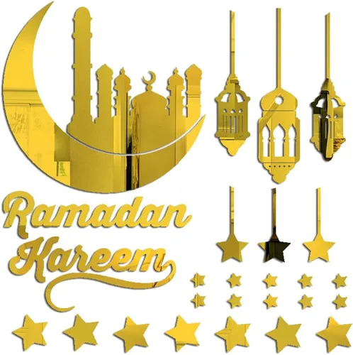 Vista 2 de ALIBBON Calcomanías de Ramadán Kareem, calcomanías doradas de farol de castillo de luna, decoraciones de pared de Eid Mubarak para el hogar