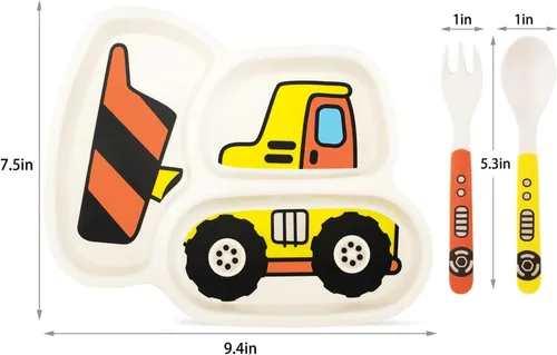 Vista 7 de Juego de platos para niños, incluye tenedor y cuchara, juego de 3 piezas, platos para niños pequeños, juego de platos divididos para alimentación
