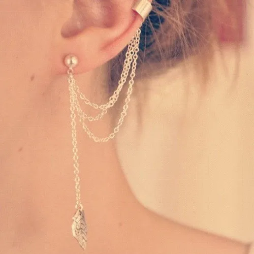 Vista 2 de Las mujeres de la manera pendientes de la hoja penacho colgante larga cadena gota cuelgan pendientes joyería (plata), Metal
