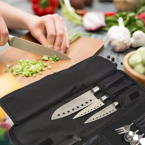 Vista 8 de Bolsa de rollo para cuchillos de chef, bolsa de cuchillo de chef Oxford resistente, estuche portátil para cuchillos de chef de 13 ranuras