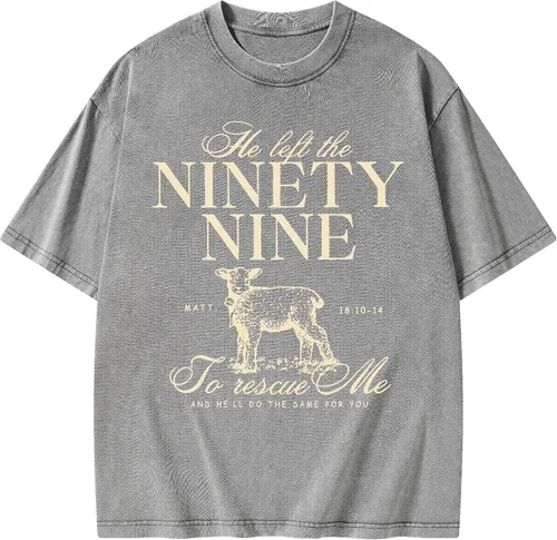 Vista 7 de Camisetas gráficas de verano para mujeres y hombres, de algodón, de gran tamaño, 90 y nueve con ovejas, camiseta cristiana lavada