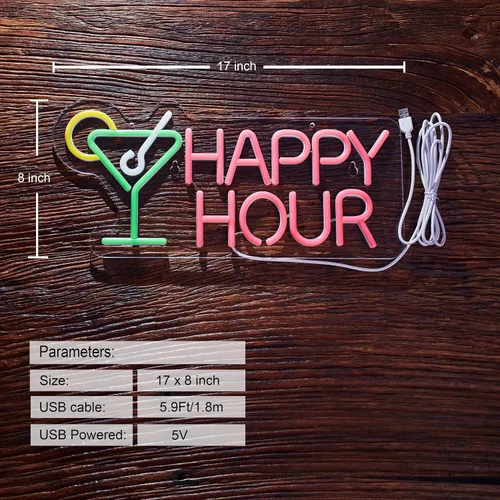 Vista 2 de Letrero de neón de barra de Happy Hour para decoración de pared con interruptor regulable, letrero de neón LED Happy Hour para dormitorio, cerveza