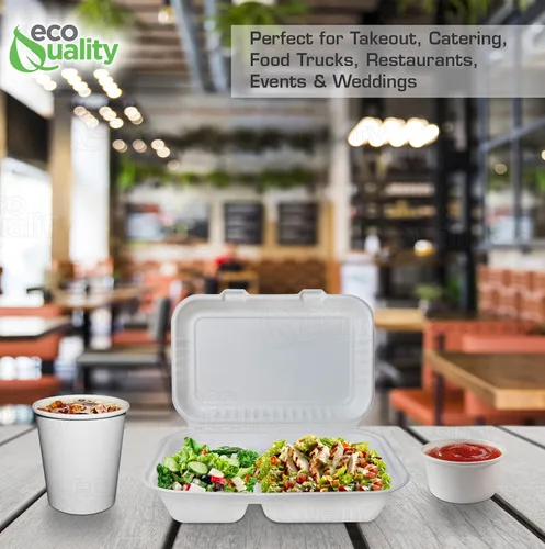 Vista 7 de Compostable 2 compartimentos rectangulares con bisagras Clamshell Take Out Contenedores de alimentos 9x6x3,Calidad resistente desechable para llevar