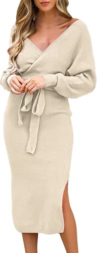 Vista 2 de TOLENY Elegante vestido tipo suéter cruzado con cuello en V para mujer, manga larga de murciélago, espalda descubierta, vestido de punto por debajo