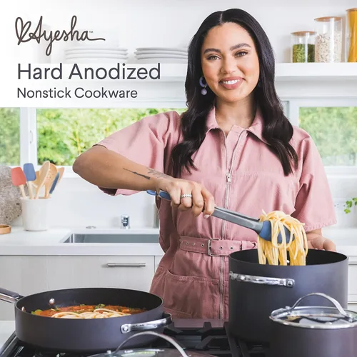 Vista 6 de [Usado] Ayesha Curry Kitchenware 80293 - Sartén profesional anodizada dura antiadherente con tapa y mango auxiliar, 12.25 pulgadas, color carbón