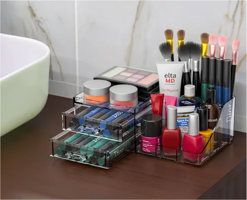 Vista 4 de Organizador de maquillaje pequeño de acrílico con cajones, organizador de cuidado de la piel transparente para tocador, cómoda, encimera de baño