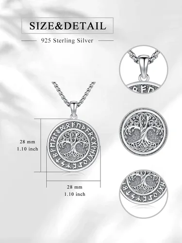 Vista 2 de Collar vikingo para hombre, plata de ley 925, lobo vikingo, martillo de Thors, vegvisir, árbol de la vida, brújula, colgante nórdico, amuleto
