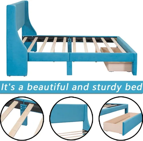 Vista 4 de Anwick Base de cama de terciopelo de tamaño matrimonial con cajón de almacenamiento, cama moderna tapizada con cabecera y listones de madera maciza
