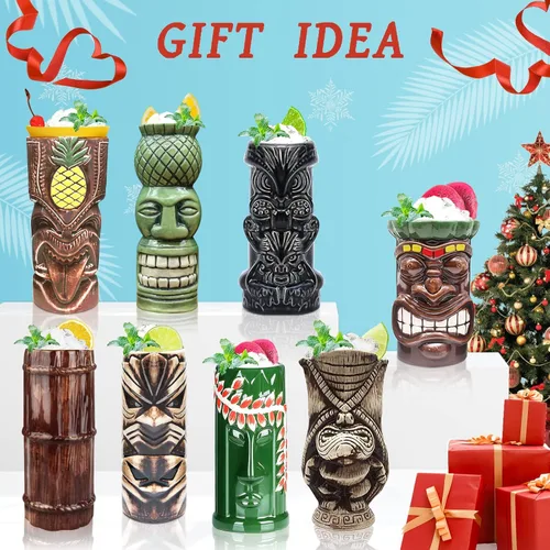 Vista 4 de LINALL Tiki Mugs - Juego de 8 tazas de cóctel de cerámica hawaiana Luau para fiesta, vasos de cóctel exóticos, Tiki Bar profesional hawaiano