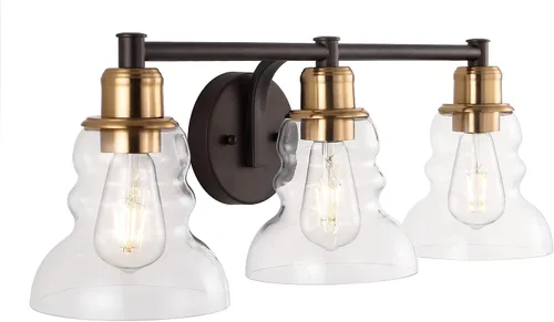 Vista 9 de JONATHAN Y Lámpara de tocador de 6.5 pulgadas con pantalla de cristal transparente, estilo industrial rústico y moderno cromado, aplique de pared