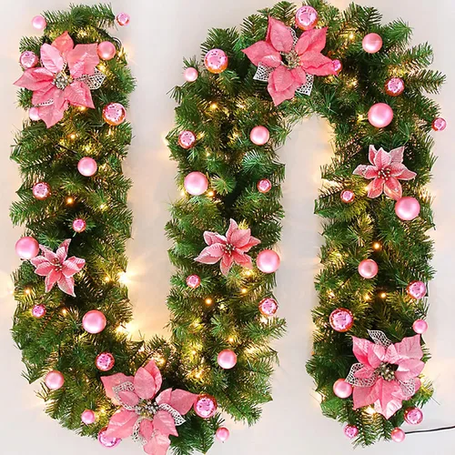 Vista 9 de Guirnalda de Navidad iluminada – 8.8 pies, de ratán, de Navidad, flores artificiales y vid artificiales de Navidad, con luces, funciona