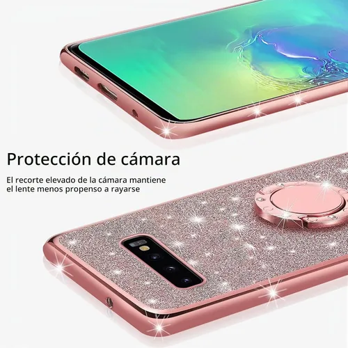 Vista 4 de Funda para S10 Plus, Galaxy S10 Plus 2019 para mujer con purpurina de cristal suave y transparente, TPU Bling funda protectora con correa de pie