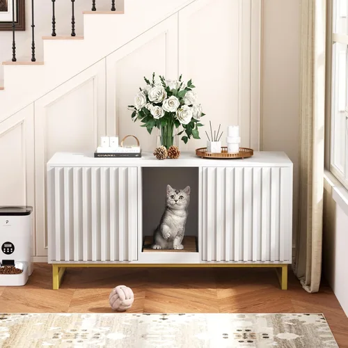 Vista 15 de Halitaa Caja de Arena para Gatos, Mueble Moderno de Caja de Arena para Gatos Caja de Arena Oculta con Almohadilla para Rascar, Mesa Auxiliar Casa