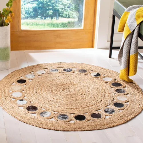 Vista 8 de SAFAVIEH Natural Fiber Round Collection NF370Z - Alfombra redonda de yute y cuero de 3 pies, hecha a mano, color beige y negro