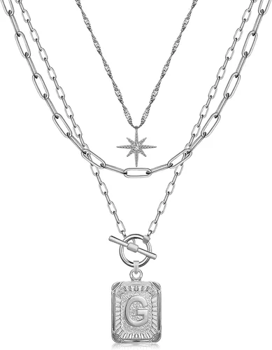 Vista 17 de MJartoria Collares con iniciales en capas para mujer, modernos, chapados en oro de 14 quilates, cadena de papel, collar sencillo con dije de Dorado