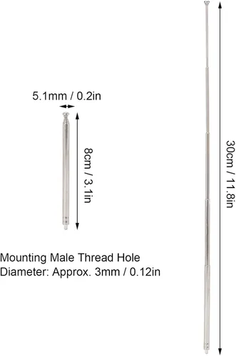 Vista 4 de Antena telescópica, 11.8 in/11.8 pulgadas, longitud completa, 5 secciones, antena telescópica, antena de radio portátil, repuesto compatible con TV