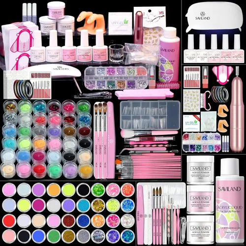Vista 29 de Saviland Kit de iniciación de uñas acrílicas: polvo y líquido acrílico rosa claro nude, cepillo, limas, formularios, uñas a presión, juego