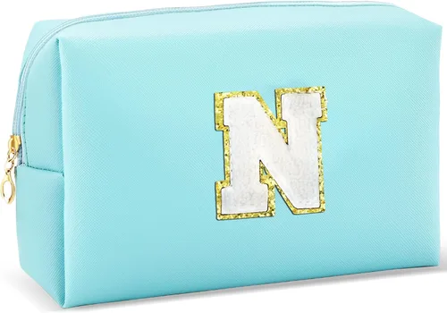 Vista 13 de URSKYTOUS Regalos para niñas, bolsa de maquillaje con inicial, bolsa de cosméticos personalizada con cremallera, bonita bolsa de aseo de viaje, Azul