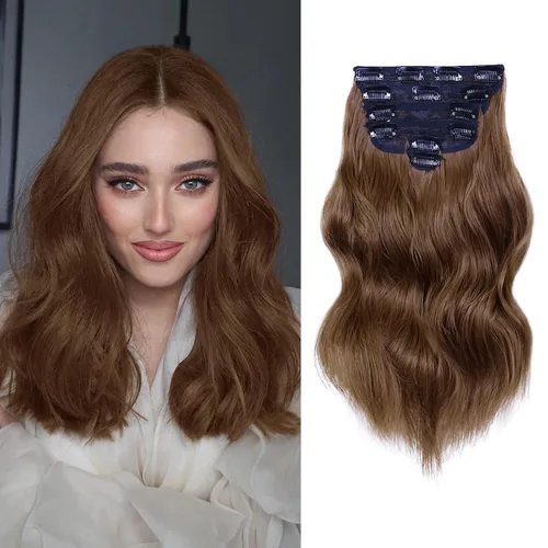 Vista 27 de NAYOO - Extensiones de cabello con clip, extensiones sintéticas onduladas de 20 pulgadas, 6 unidades Wavy Curly Hair, Full Head Coverage, Heat